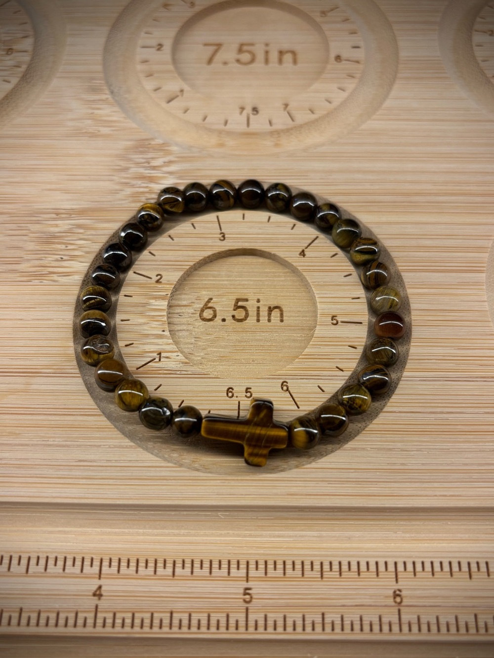 Tiger Eye Cross Beaded Stretch Bracelet - Brown